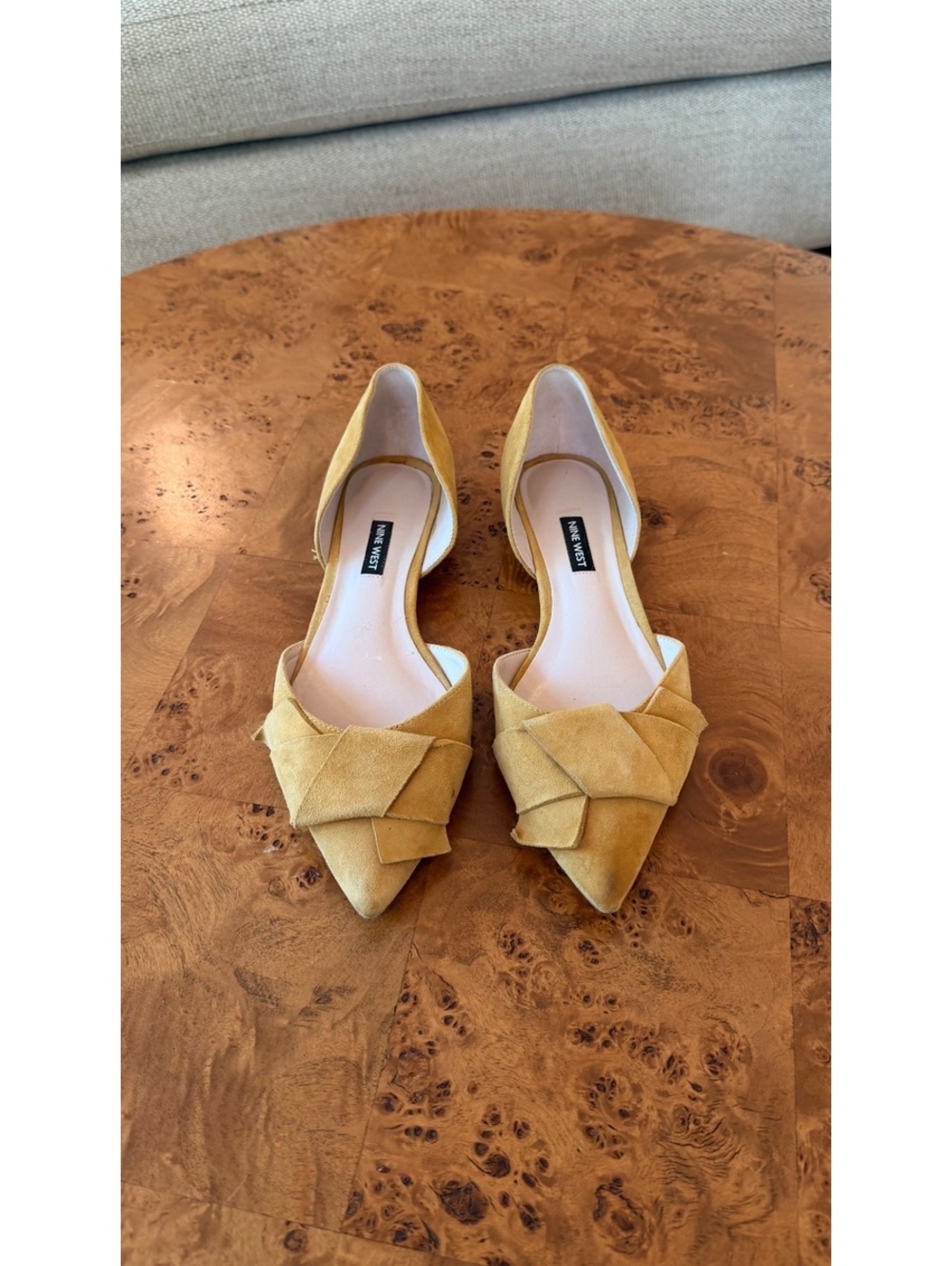 Nine West Mustard Suede Pointed Toe Flats with Bow Detail - Picture 2 of 7